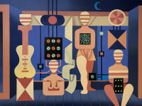 Mario Carreño. Cuba, 1913-Chile, 1999. Computadoras de la noche, óleo sobre tela, 120 x 160 cm., 1985